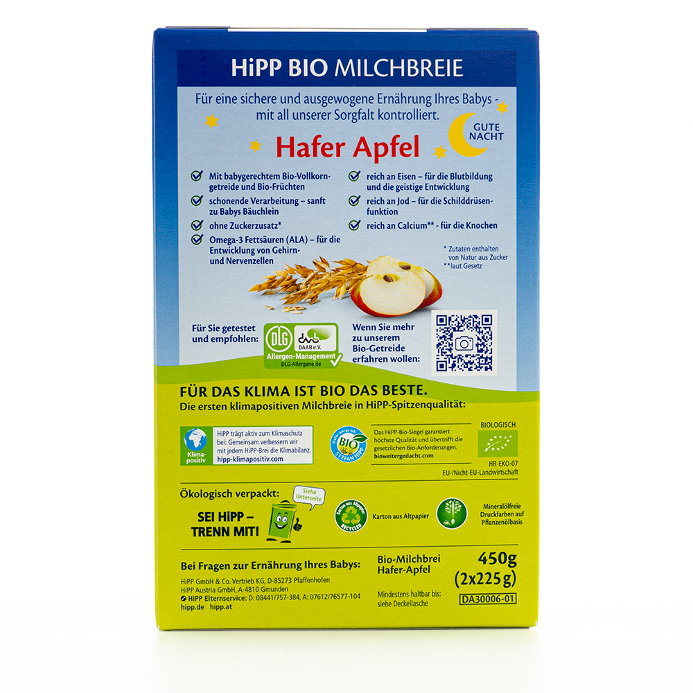 HiPP Organic Good Night Milk Porridge - Oat and Apple Ingredients