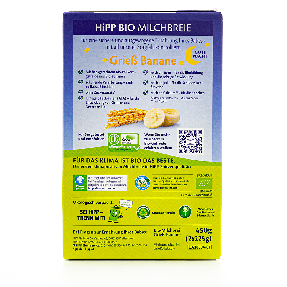 HiPP Organic Banana-Semolina Milk Evening Porridge (6+ Months) Ingredients