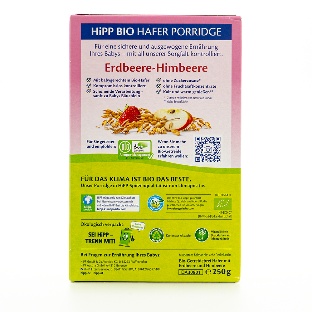 HiPP Organic Porridge - Oat Strawberry-Raspberry (8+ Months) Ingredients