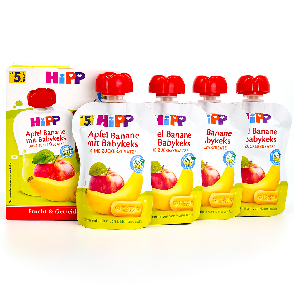 HiPP Fruit Pouches - Apple-Banana &amp; Baby Biscuit | Organic Baby Food - 4 Pouches
