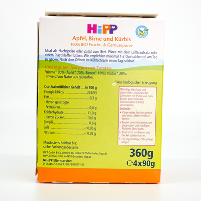 HiPP Fruit Pouches - Apple, Pear and Pumpkin (4+ Months) Ingredients