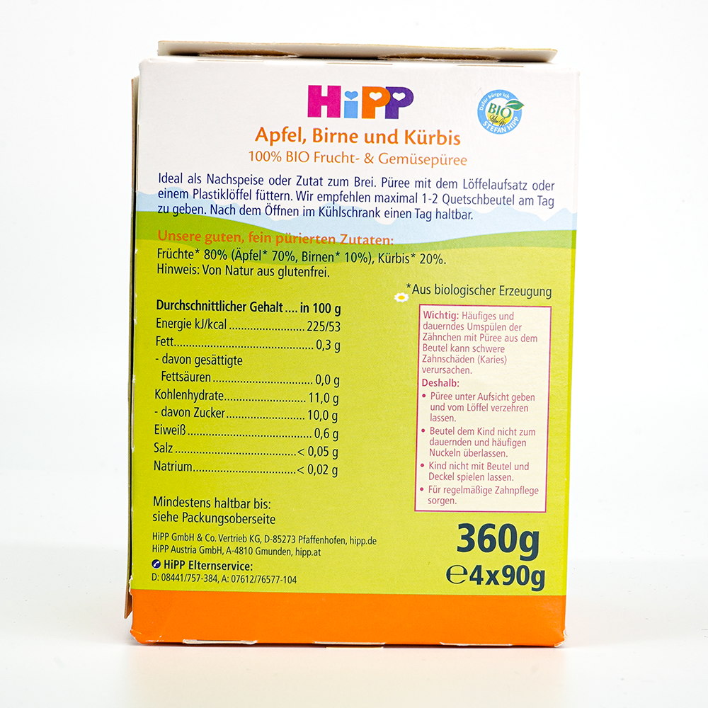 HiPP Fruit Pouches - Apple, Pear and Pumpkin (4+ Months) Ingredients