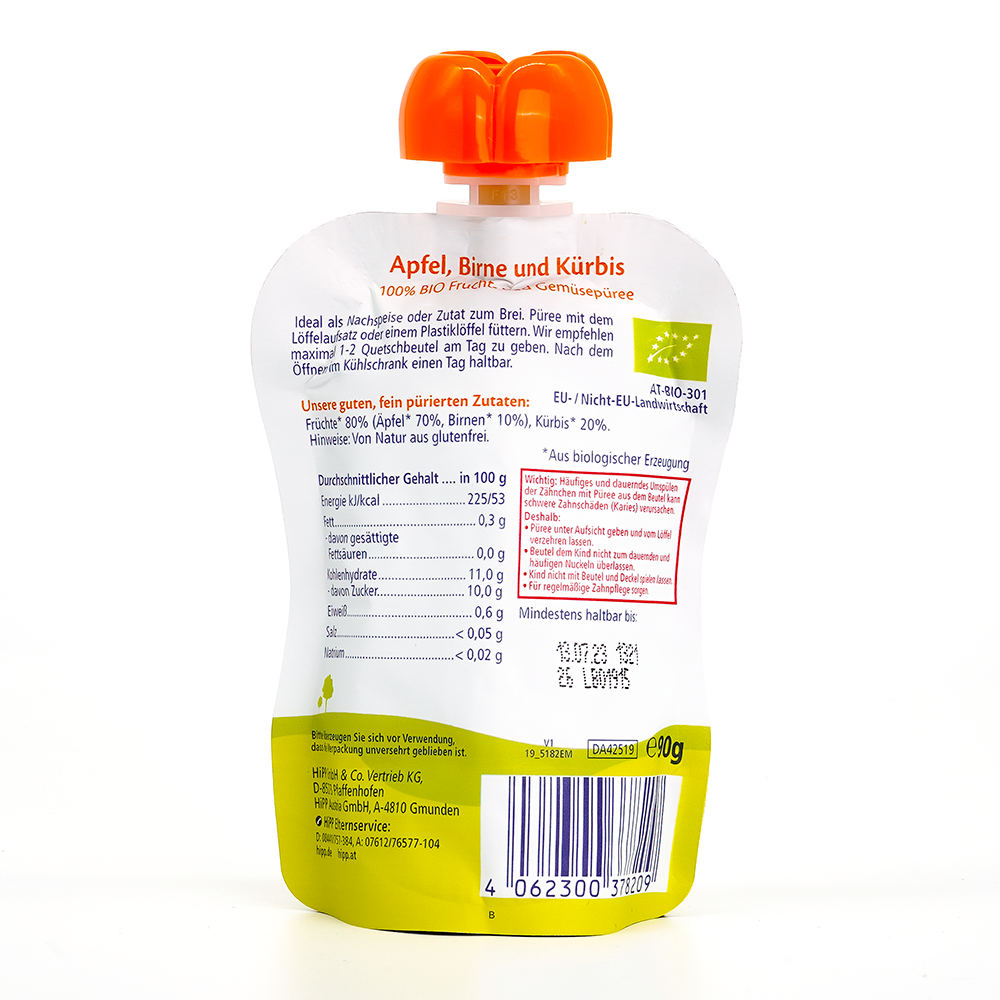 HiPP Fruit Pouches - Apple, Pear and Pumpkin (4+ Months) | Nutrition Facts