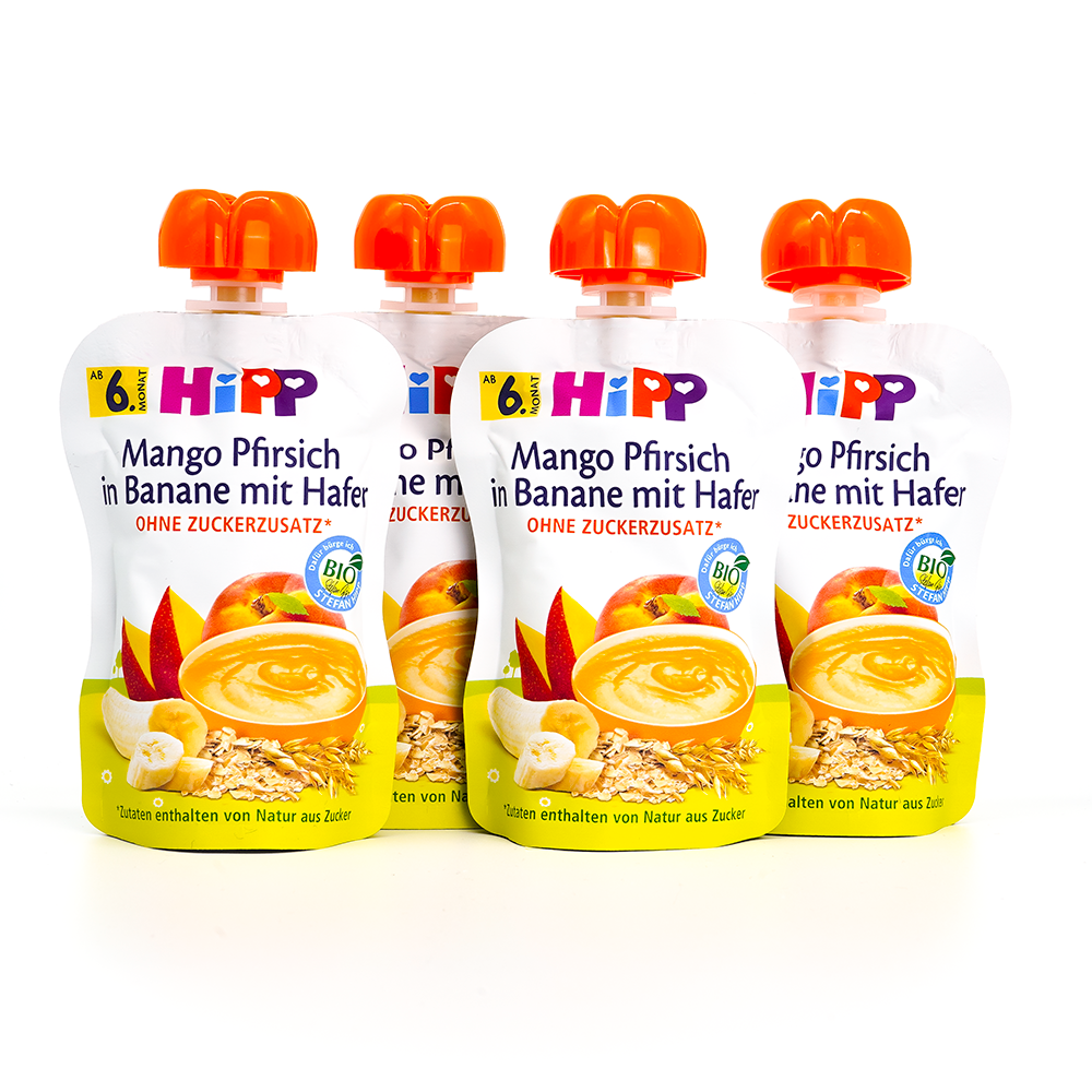 HiPP Fruit Pouches - Mango, Peach, Banana with Oats & Porridge - 4 Pouches