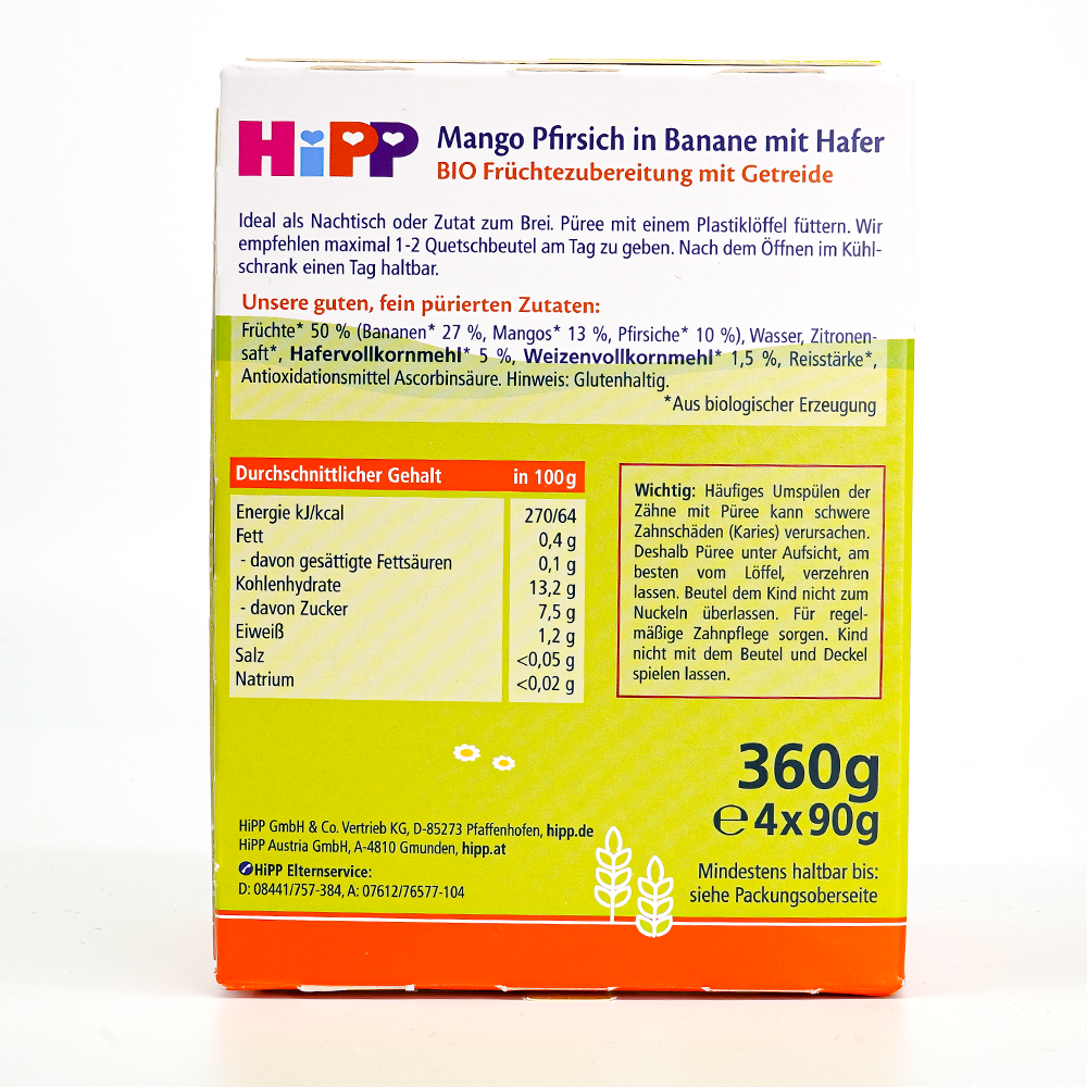 HiPP Fruit Pouches - Mango, Peach, Banana with Oats & Porridge Ingredients