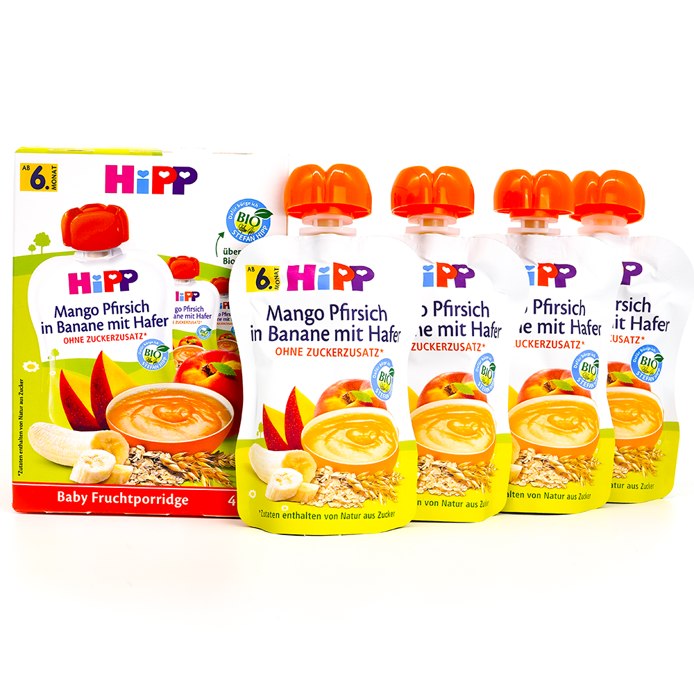 HiPP Fruit Pouches - Mango, Peach, Banana with Oats &amp; Porridge | Organic Baby Food