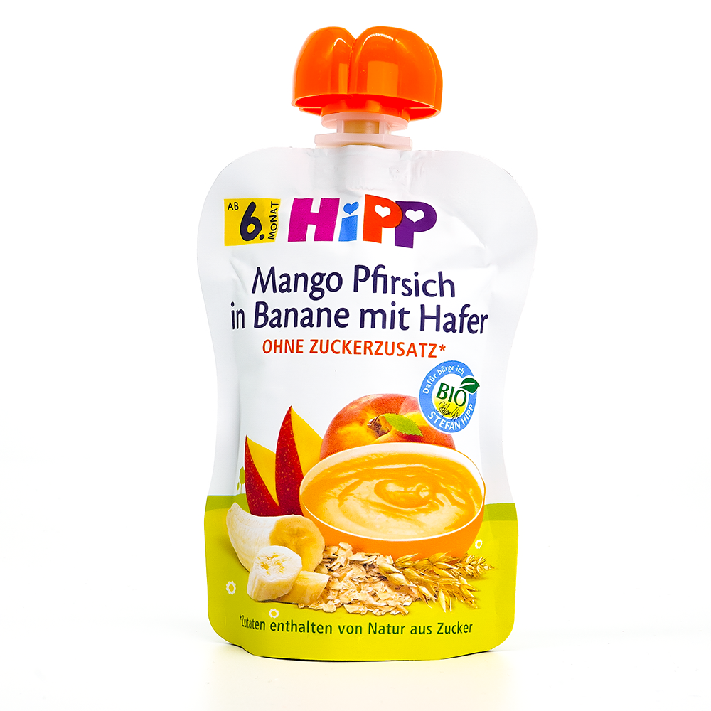 HiPP Fruit Pouches - Mango, Peach, Banana with Oats & Porridge | Organic Baby Pouch