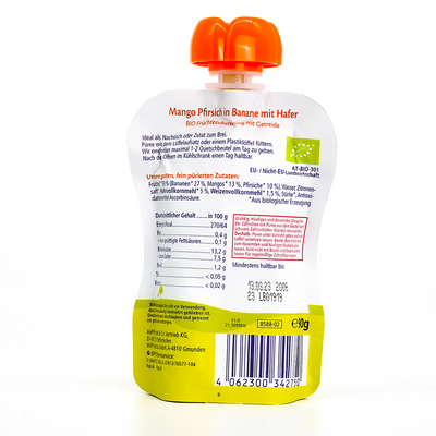 HiPP Fruit Pouches - Mango, Peach, Banana with Oats & Porridge | Nutrition Facts