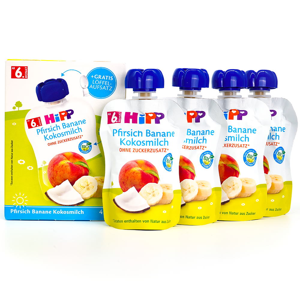 HiPP Fruit Pouches - Peach &amp; Banana With Coconut Milk (6+ Months) | Organic Baby Food