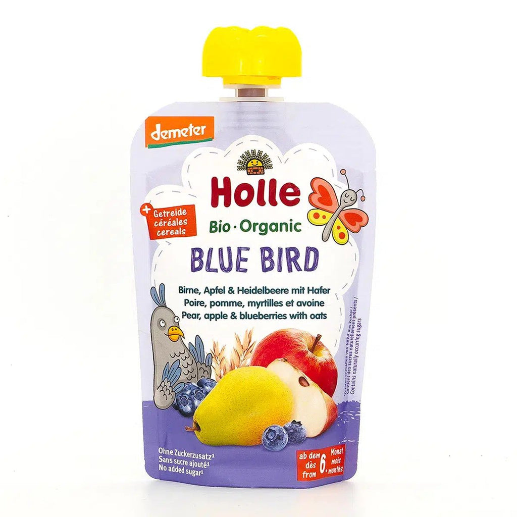 Holle Blue Bird: Pear, Apple & Blueberries with Oats (6+ Months) | Organic Baby Pouch