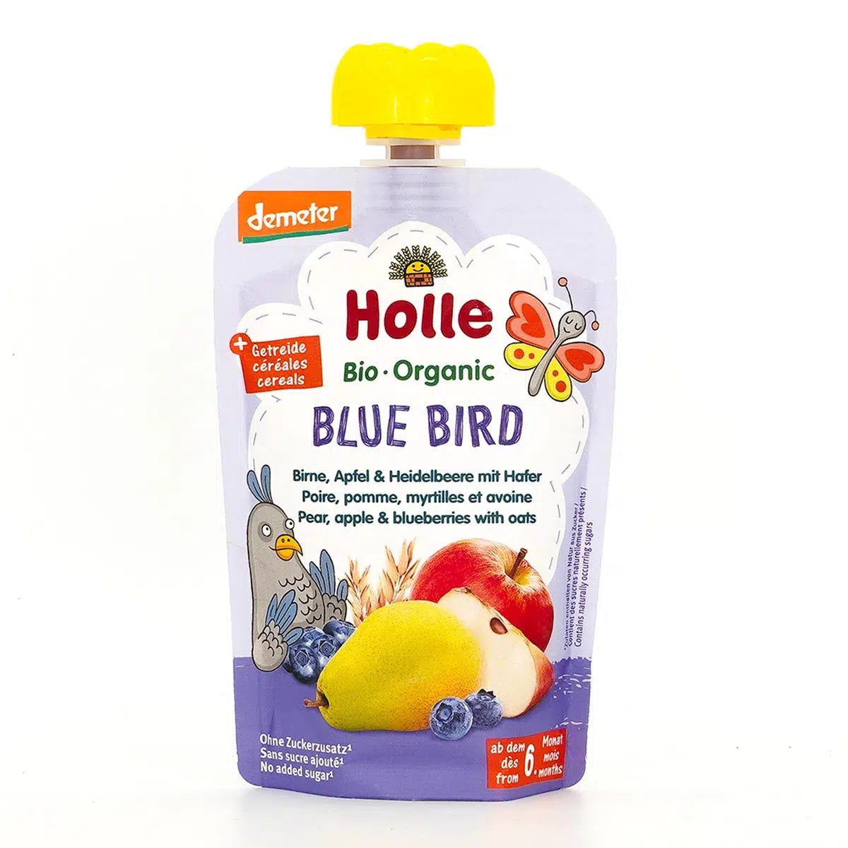 Holle Blue Bird: Pear, Apple & Blueberries with Oats (6+ Months) | Organic Baby Pouch