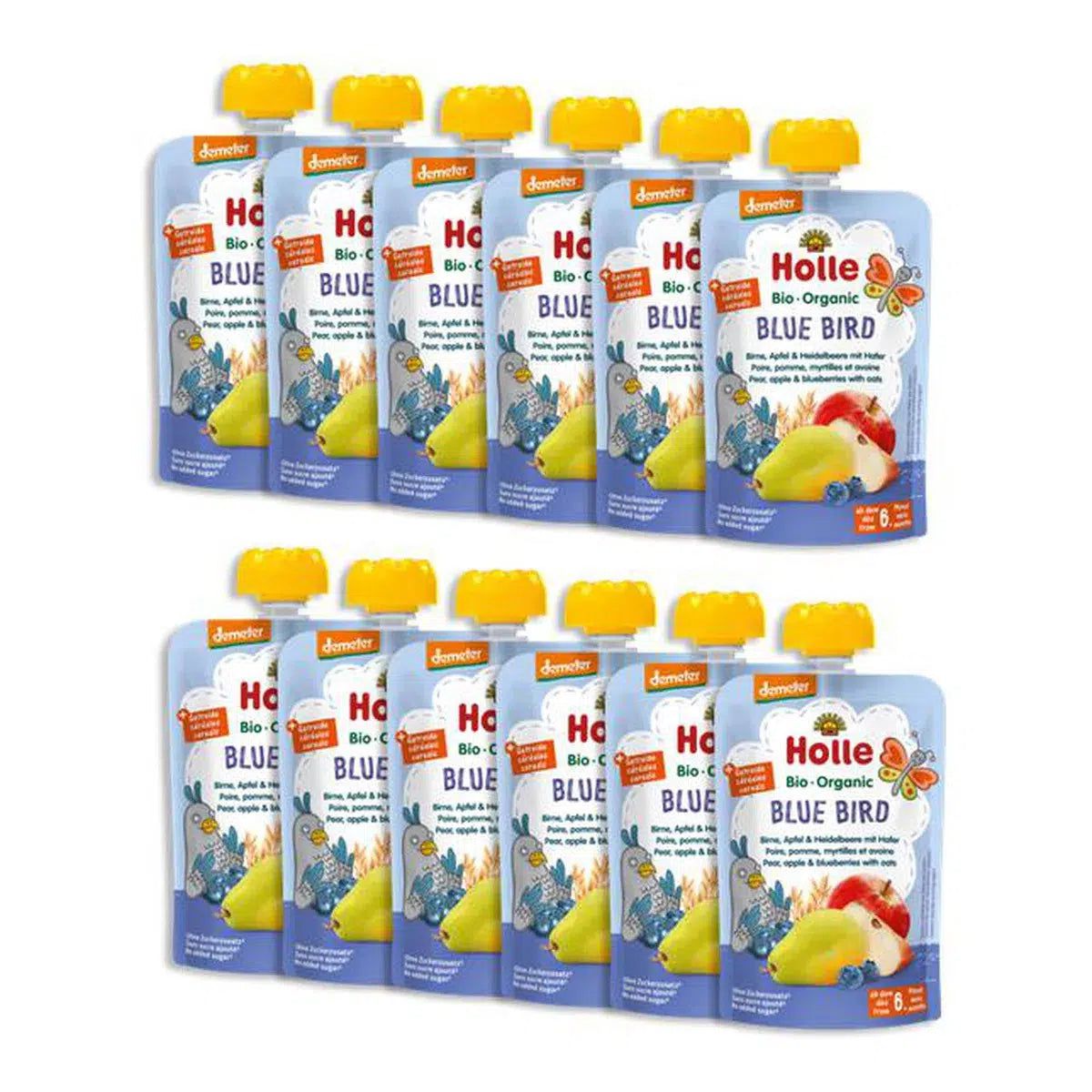 Holle Blue Bird: Pear, Apple & Blueberries with Oats (6+ Months) - 12 Pouches | Organic's Best Shop