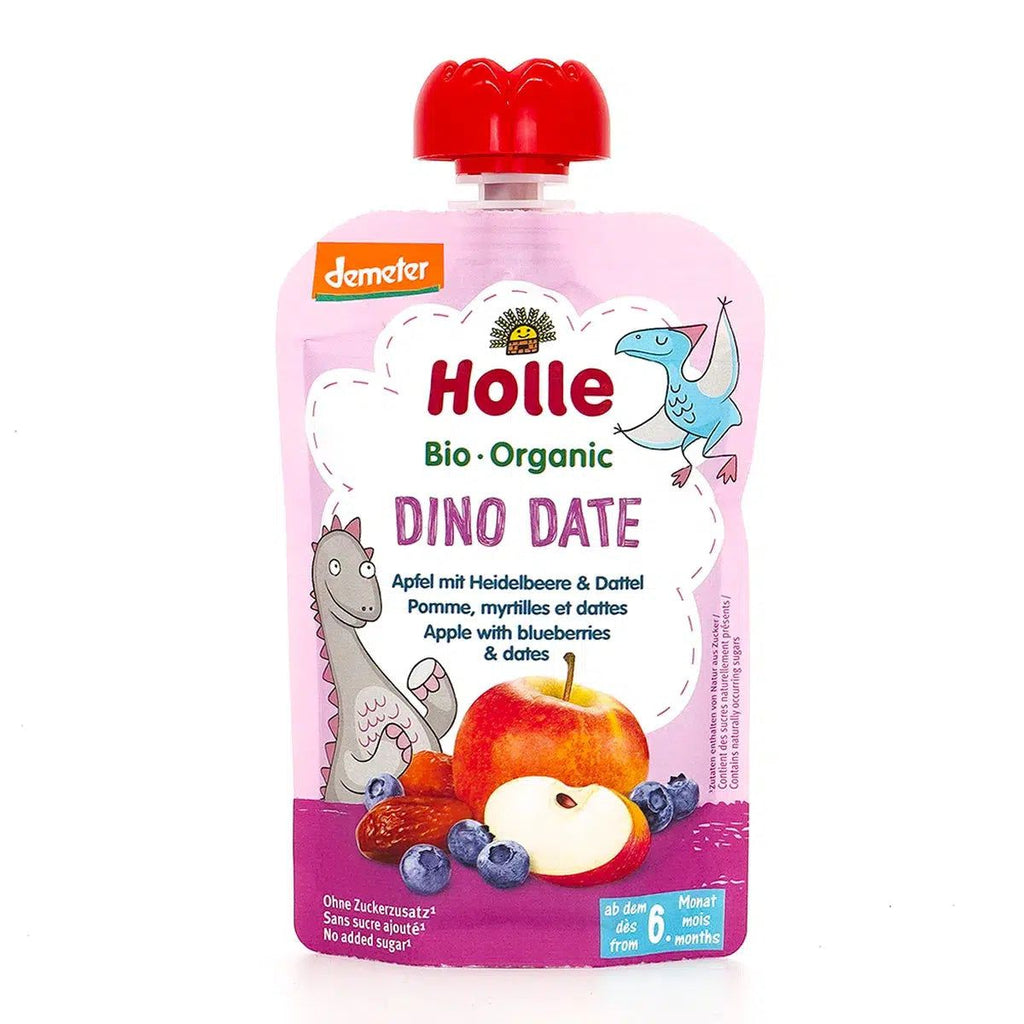 Holle Dino Date: Apple, Blueberries & Dates (6+ Months) | Organic Baby Fruit Pouch