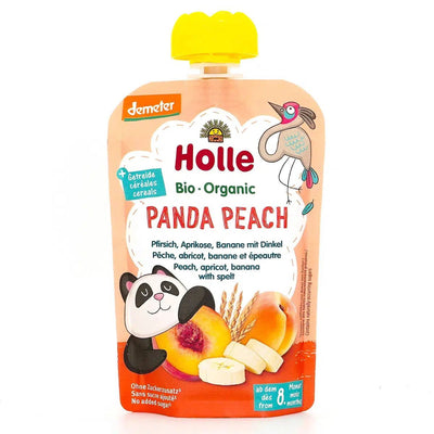 Holle Panda Peach: Peach, Apricot, Banana & Spelt (8+ Months) | Organic Baby Pouch