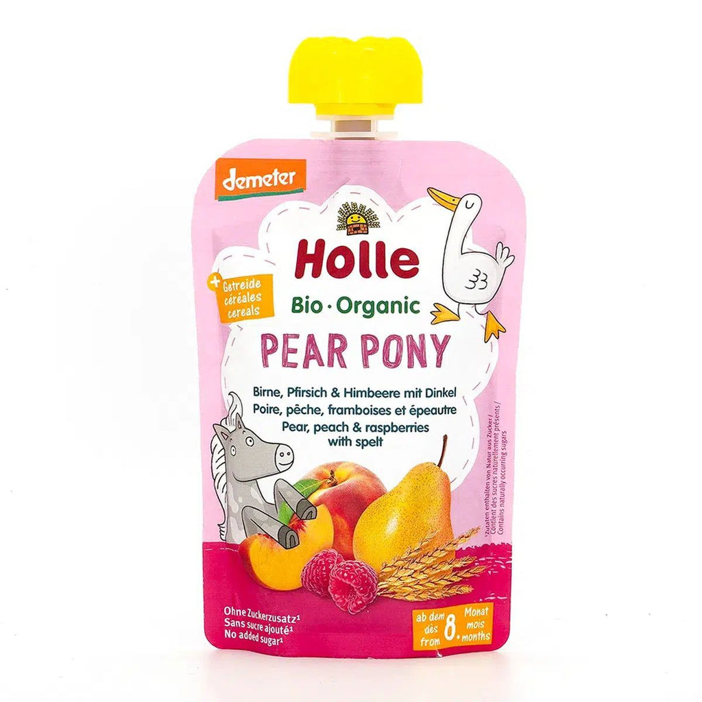 Holle Pear Pony: Pear, Peach, Raspberries & Spelt (8+ Months) | Organic Baby Pouch