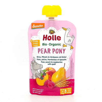 Holle Pear Pony: Pear, Peach, Raspberries & Spelt (8+ Months) | Organic Baby Pouch