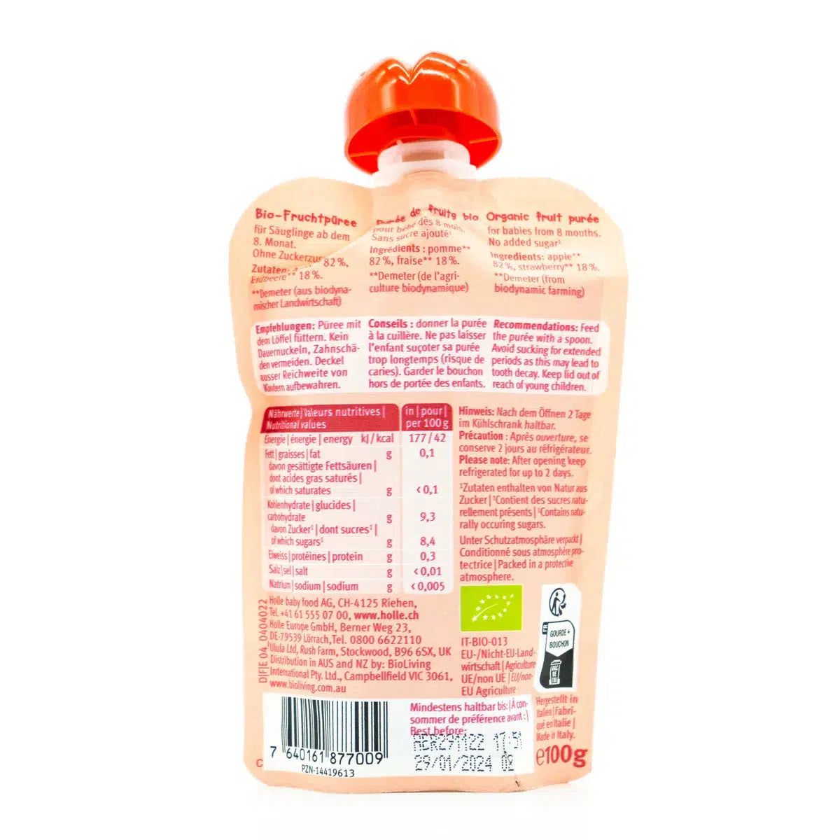 Holle Red Bee: Apple & Strawberry (8+ Months) - 12 Pouches | Ingredients