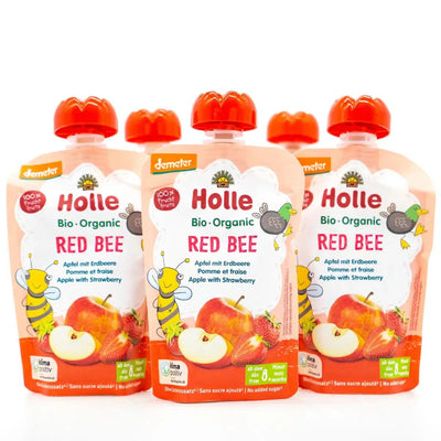Holle Red Bee: Apple & Strawberry (8+ Months) - 12 Pouches | Organic Baby Food