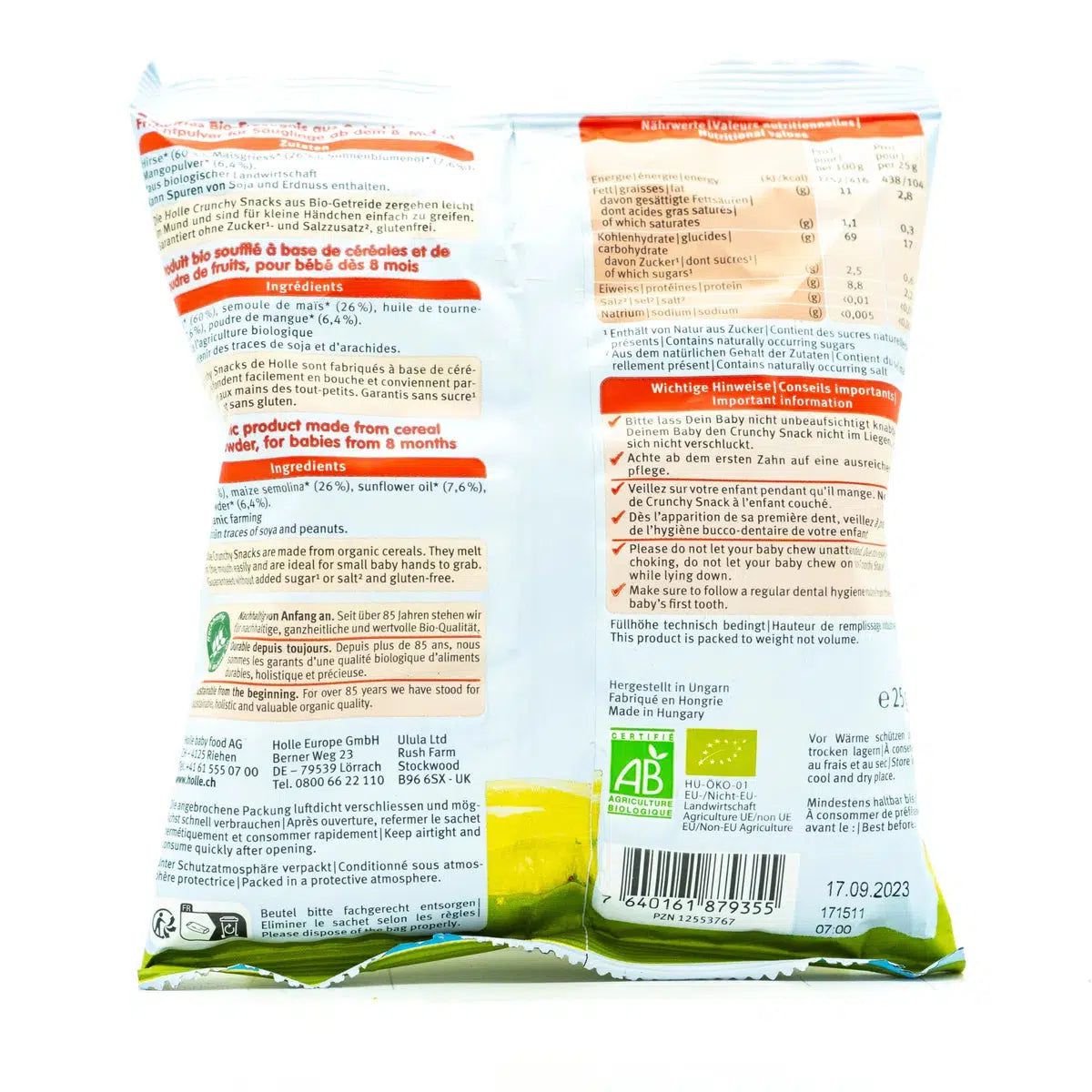 Holle Snack - Mango & Millet Crunchy Baby Puffs (8+ Months) | Ingredients
