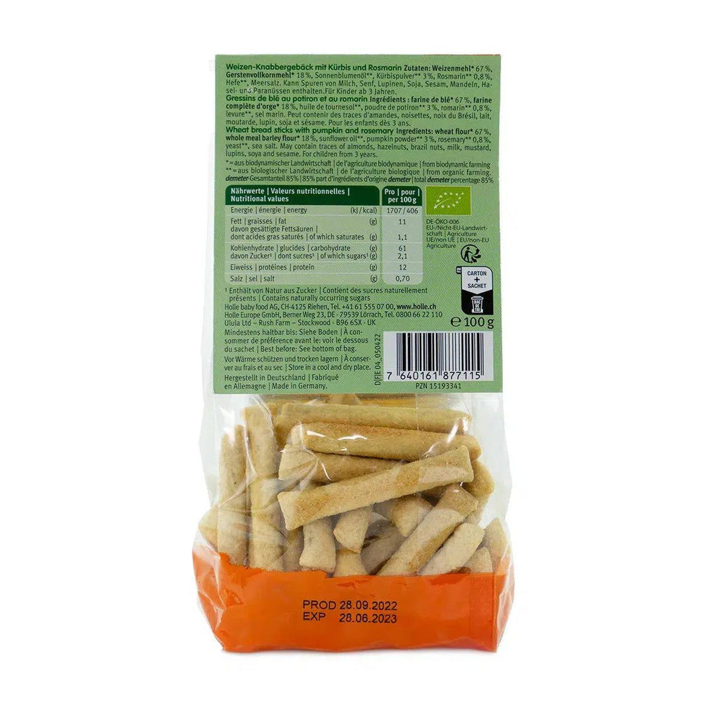 Holle Snack - Organic Pumpkin-Rosemary Sticks (3+ Years), 100g  | Nutrition facts