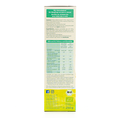 Holle Organic 3-Grain Porridge (6+ Months) - 250g | Nutrition facts