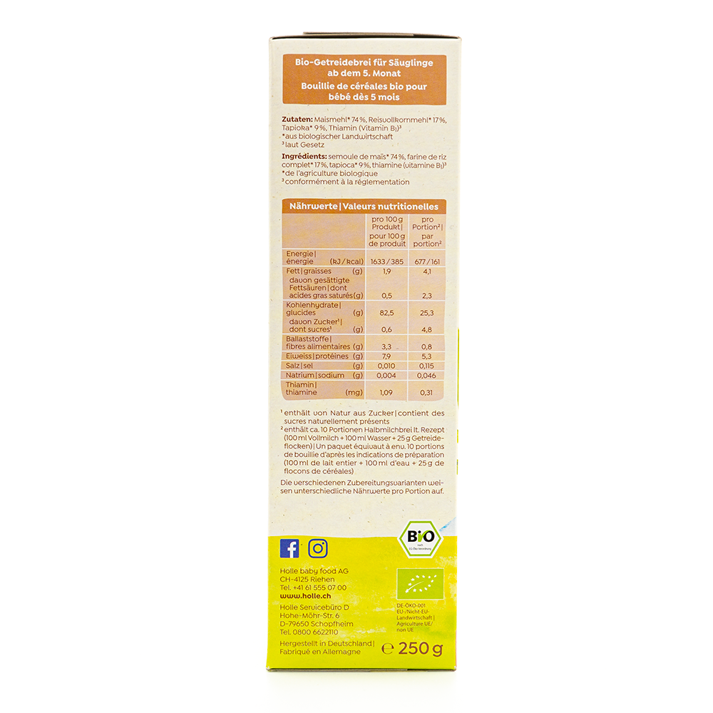 Holle Organic Corn and Tapioca Porridge (5+ Months) - 250g | Nutrition facts