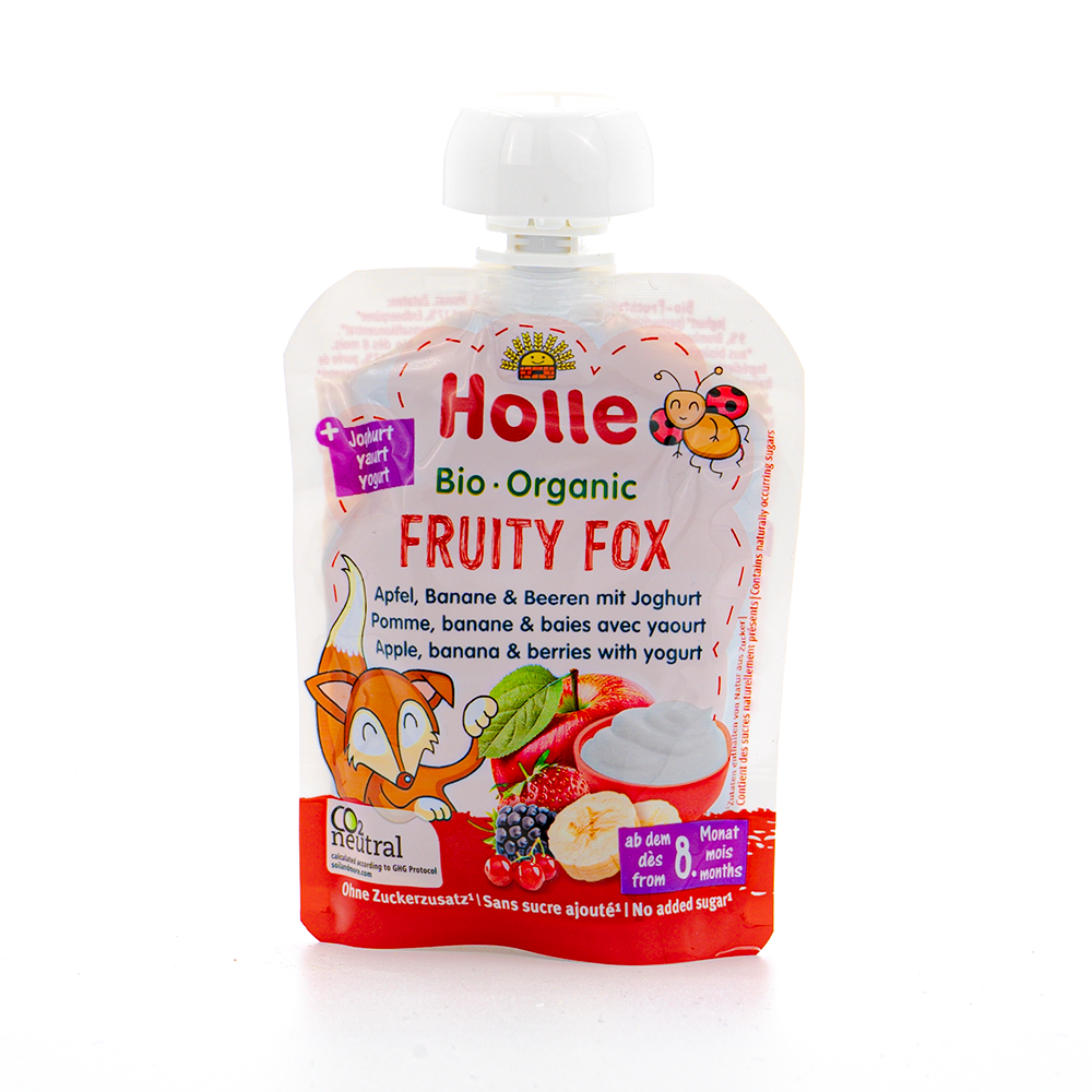 Holle Fruity Fox: Apple, Banana, Berries & Yogurt (8+ Months) | Organic Baby Pouch