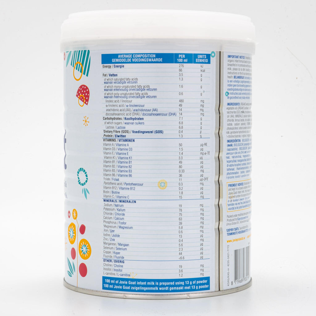 Jovie Stage 1 (0-6 Months) Organic Goat Milk Formula | Nutrition Facts