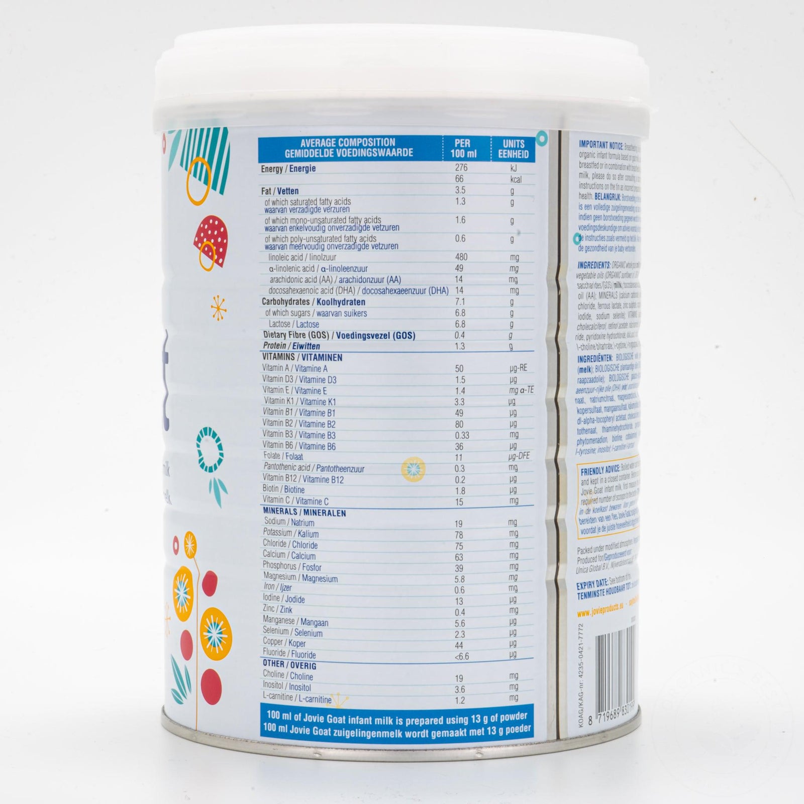 Jovie Stage 1 (0-6 Months) Organic Goat Milk Formula | Nutrition Facts
