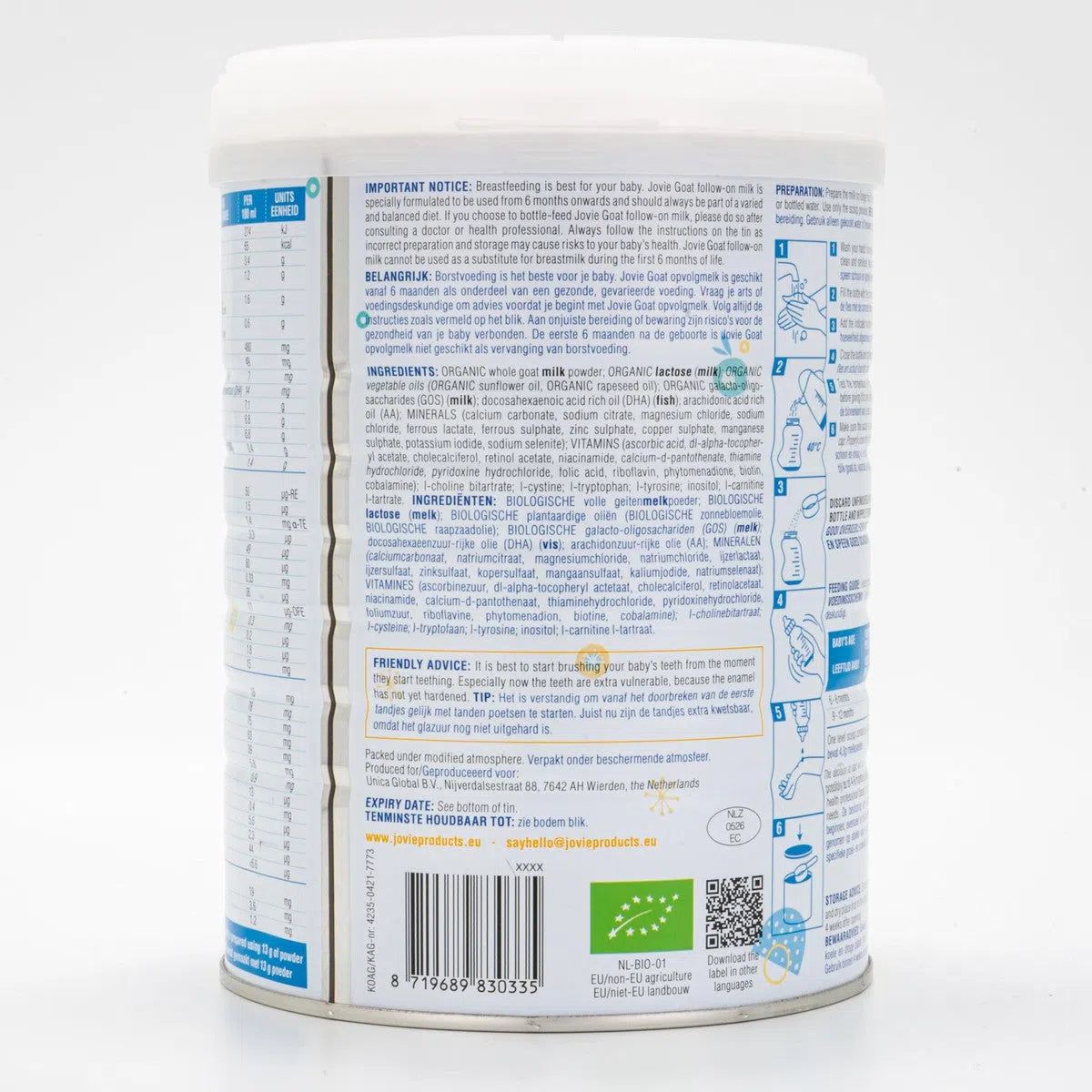 Jovie Stage 2 (6-12 Months) Organic Goat Milk Formula Ingredients
