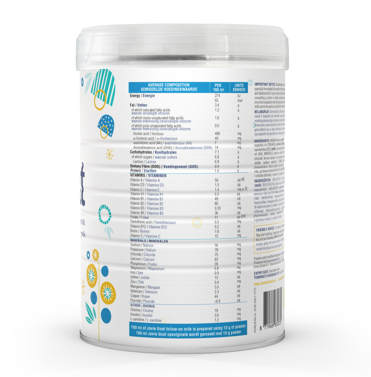 Jovie Stage 2 Organic Follow-on Goat Milk Formula (800g) - 12 Tins