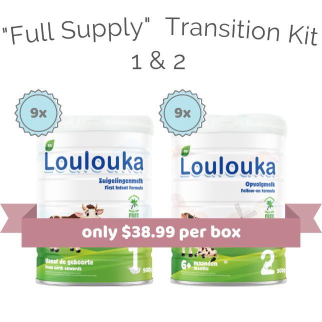 Loulouka Stage 1 / Stage 2 "Full Supply" Transition Kit - Organic Baby Milk Formula (900g) - 18 Boxes