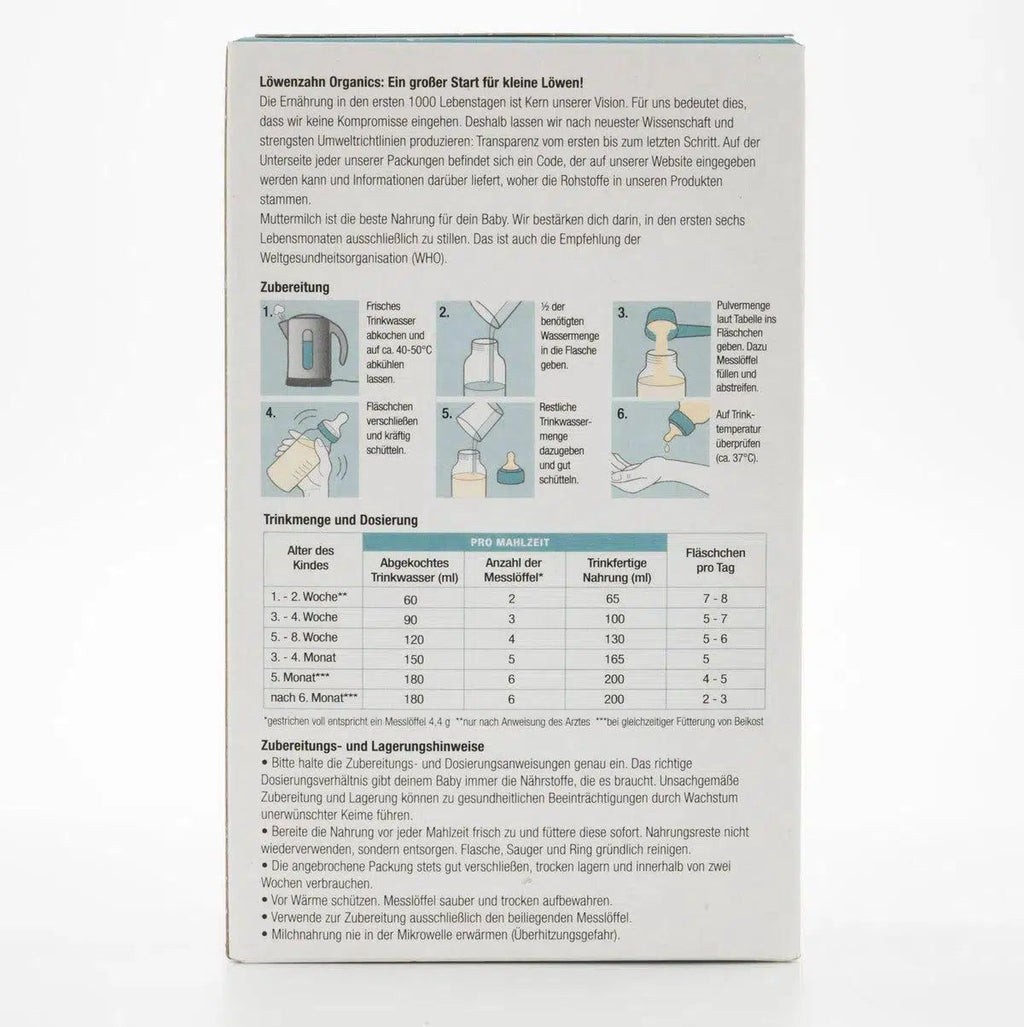 Löwenzahn Organics Stage Pre (0-6 Months) Infant Formula | Baby Formula Preparation Instruction