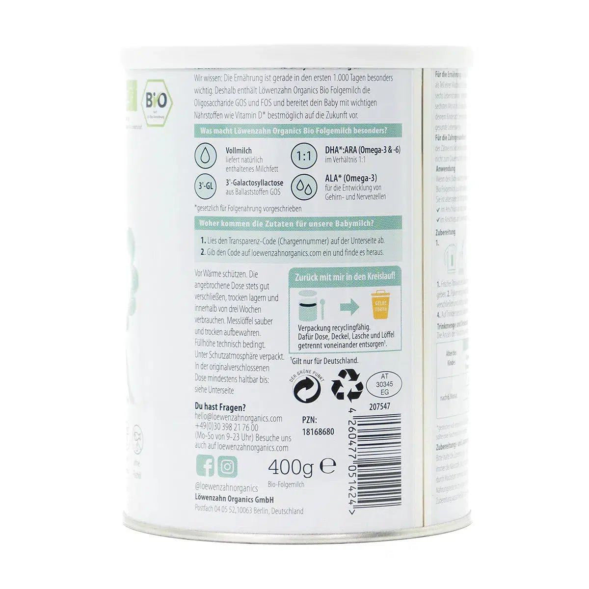 Löwenzahn Whole Cow's Milk Stage 2 | European Follow-On Baby Formula | Ingreduents