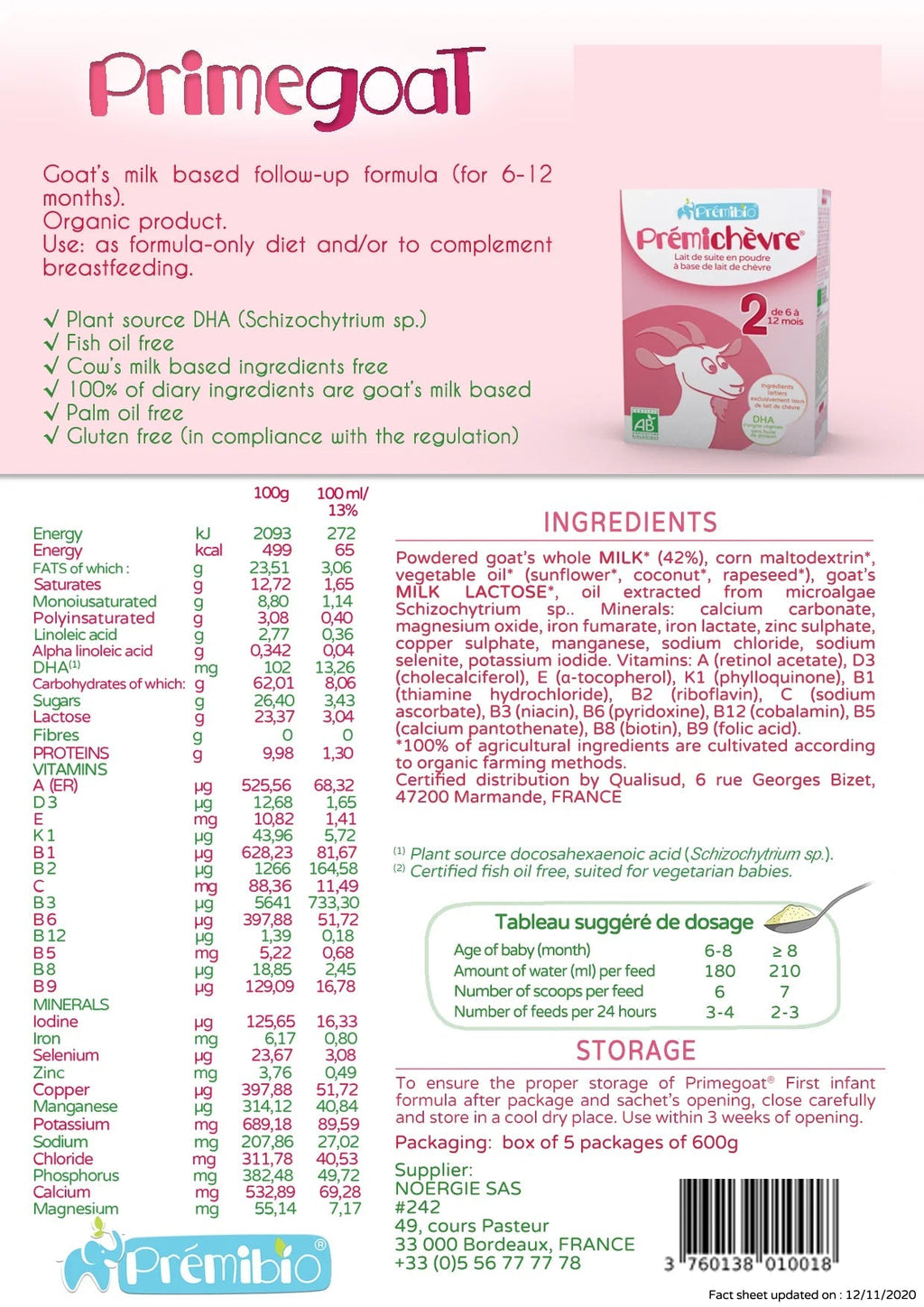 PREMIBIO GOAT STAGE 2 NUTRICIONAL VALUES