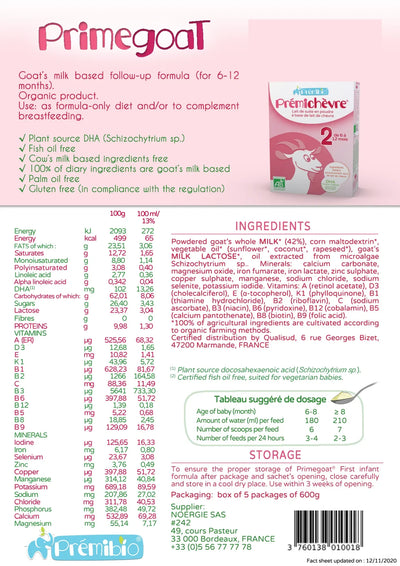 PREMIBIO GOAT STAGE 2 NUTRICIONAL VALUES