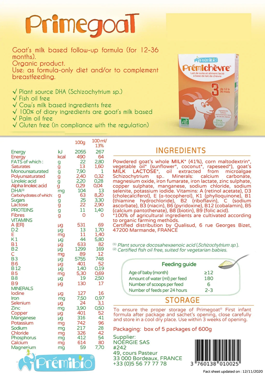 PREMIBIO GOAT STAGE 3 NUTRICIONAL VALUES