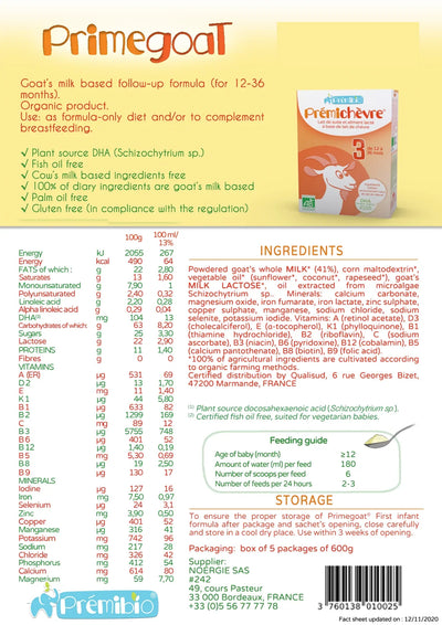 PREMIBIO GOAT STAGE 3 NUTRICIONAL VALUES
