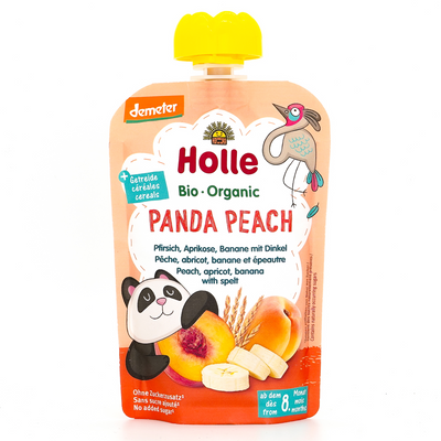 Holle Panda Peach: Peach, Apricot, Banana & Spelt (8+ Months) | Organic Baby Pouch