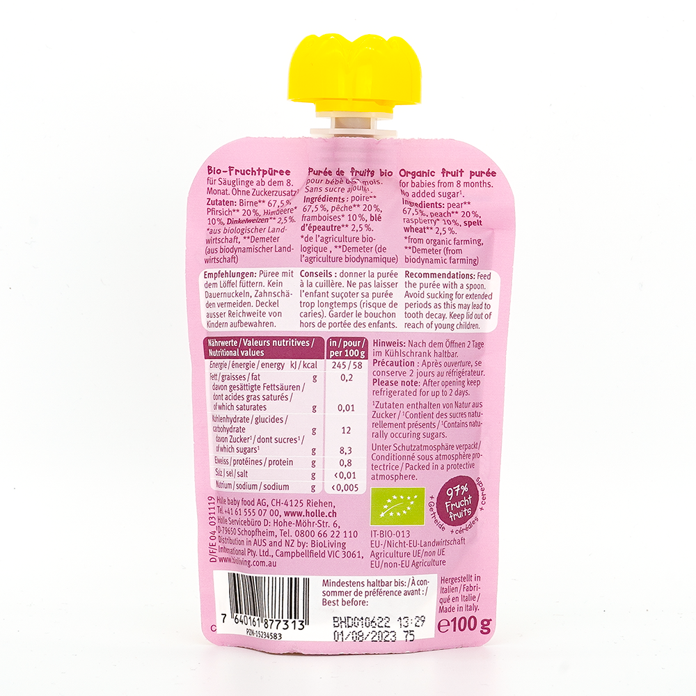 Holle Pear Pony: Pear, Peach, Raspberries & Spelt (8+ Months) - Nutrition facts