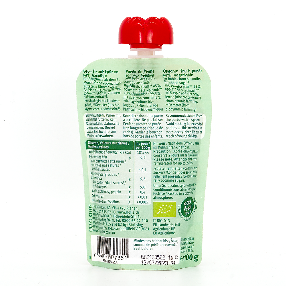 Holle Power Parrot: Pear, Apple & Spinach (6+ Months) - Nutrition facts