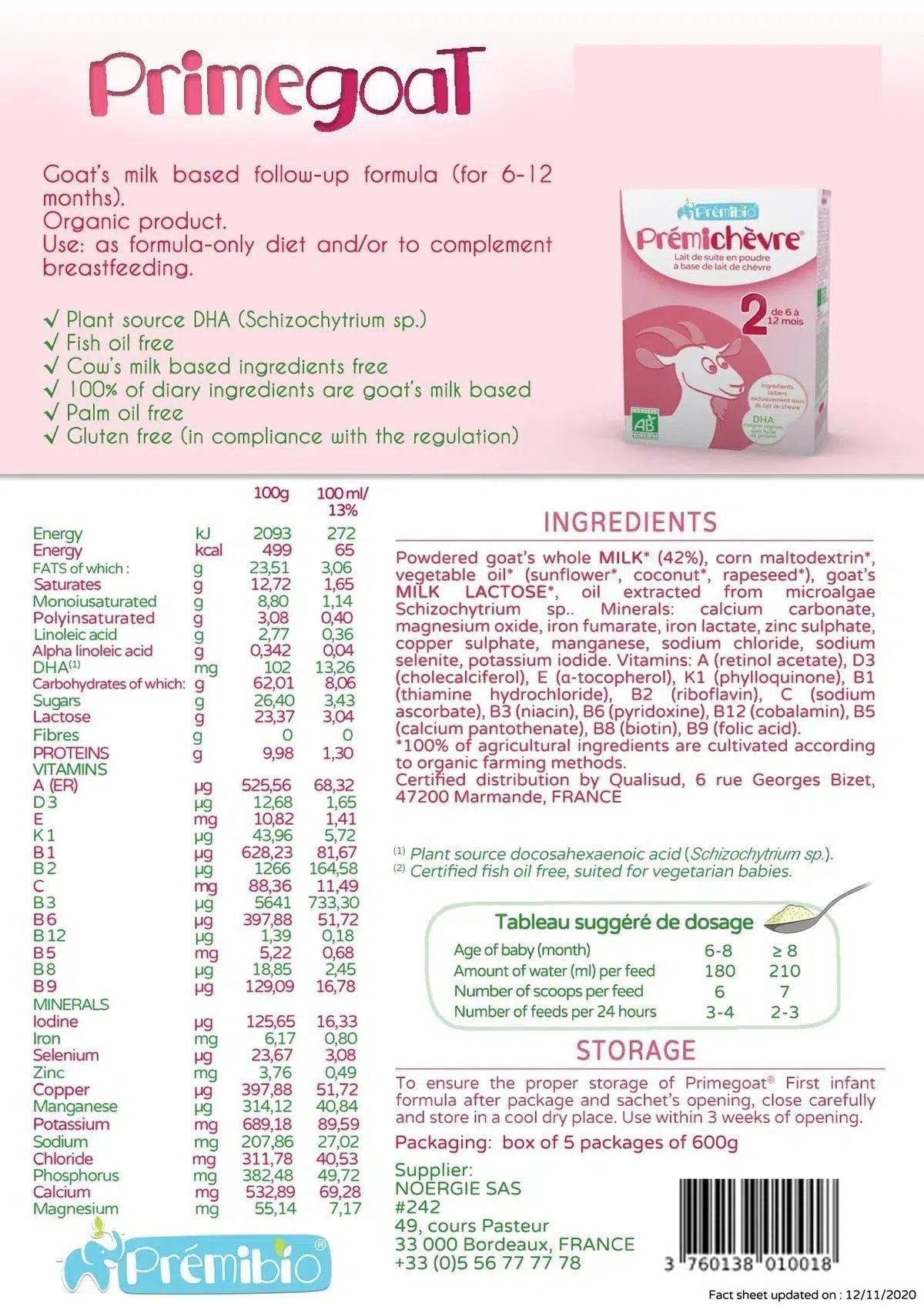 PREMIBIO GOAT STAGE 2 NUTRICIONAL VALUES