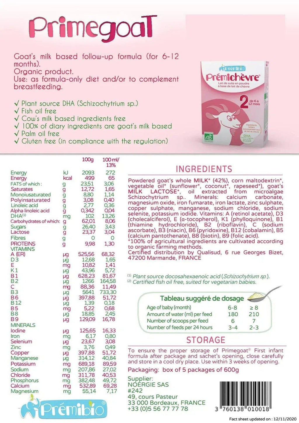 PREMIBIO GOAT STAGE 2 NUTRICIONAL VALUES