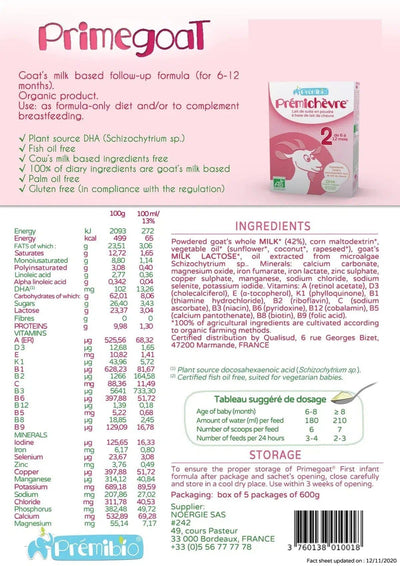 PREMIBIO GOAT STAGE 2 NUTRICIONAL VALUES