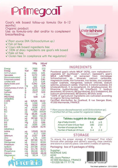 PREMIBIO GOAT STAGE 2 NUTRICIONAL VALUES