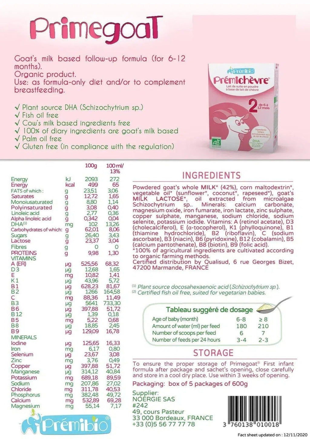 PREMIBIO GOAT STAGE 2 NUTRICIONAL VALUES