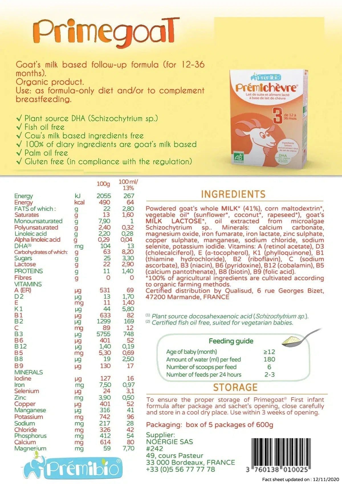 PREMIBIO GOAT STAGE 3 NUTRICIONAL VALUES