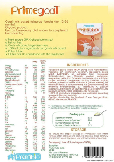 PREMIBIO GOAT STAGE 3 NUTRICIONAL VALUES