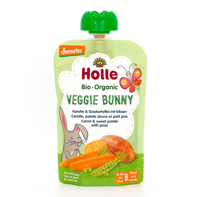 Holle Veggie Bunny: Carrot, Sweet Potato & Peas (6+ Months) | Organic Baby Pouch